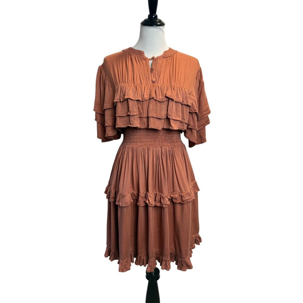 Women’s Ruffle Tiered Dress Smock Waist‎ Romantic Dress Rust Brown BaliElf Hand